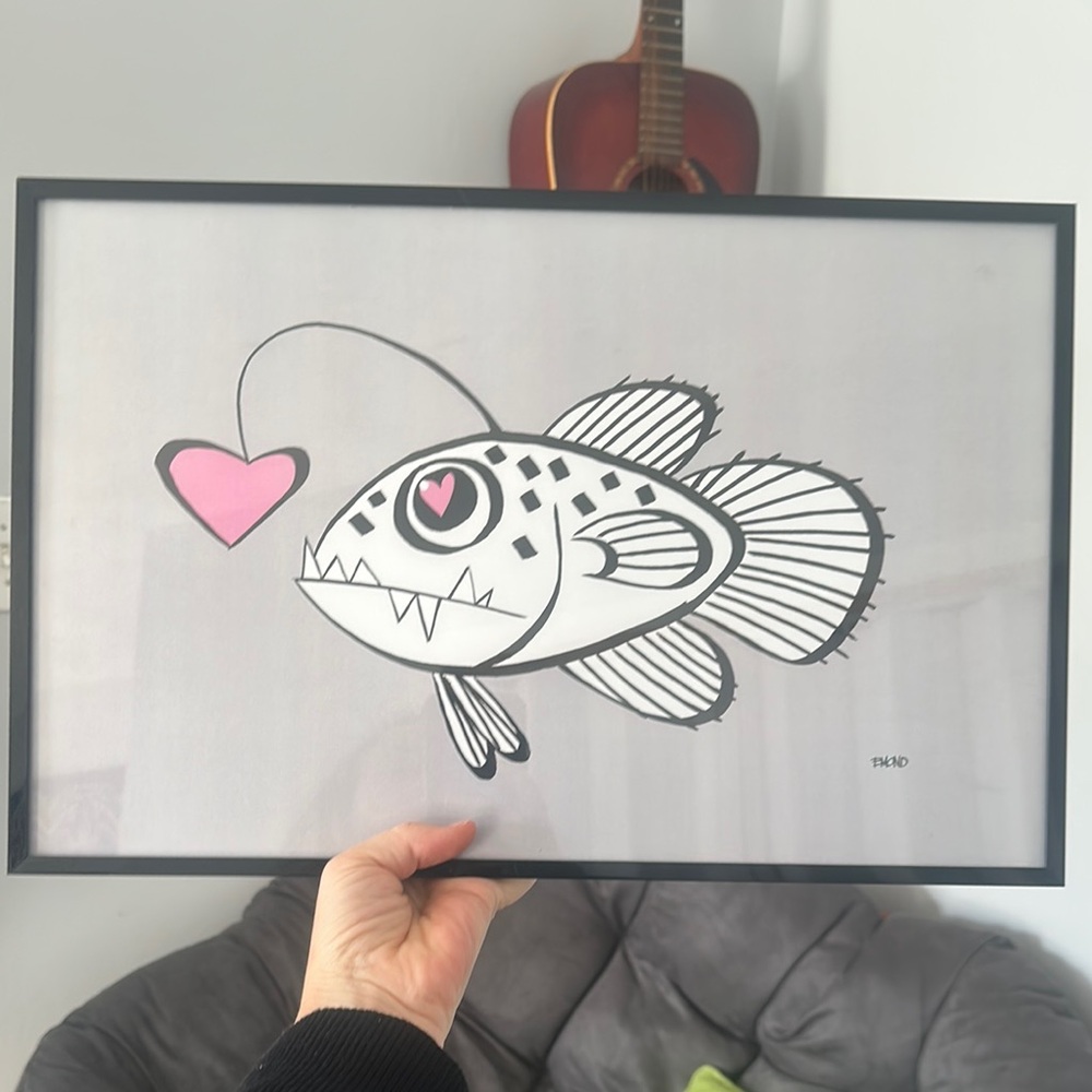 Framed Whimsical Angler Fish Decor with Heart